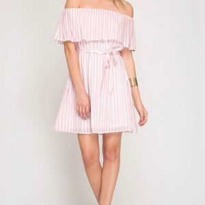 She + Sky Pink White Striped Cotton Dress Womens Medium Off Shoulder